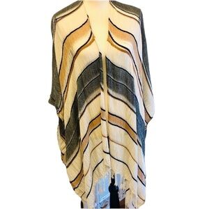 On The Road Kimono Shawl Wrap Ruana Woven Ivory Tan Navy Woven Fringe One Size